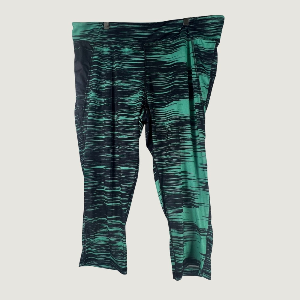 Cascade Blue Womens 2X Teal Black Space Dye Active Leggings Capri Yoga Pants